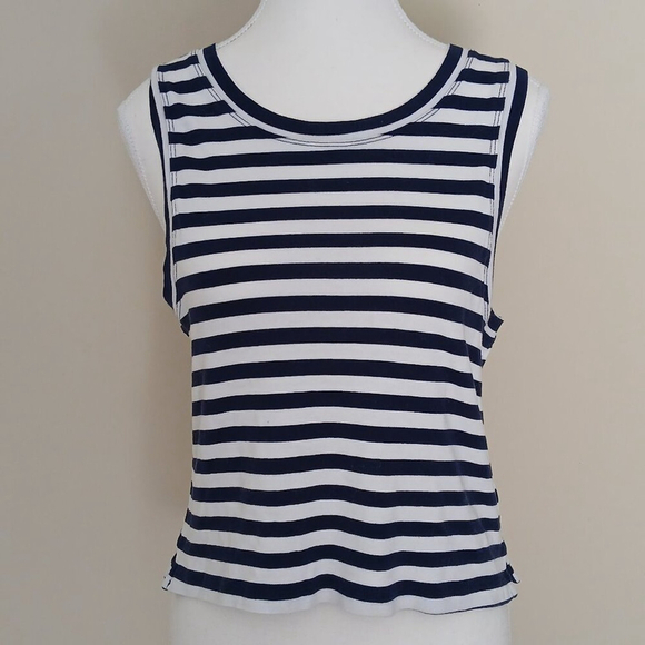 Anthropologie Maeve Sleeveless Cropped Blue+White Striped Sleeveless Top Size M - Picture 1 of 8